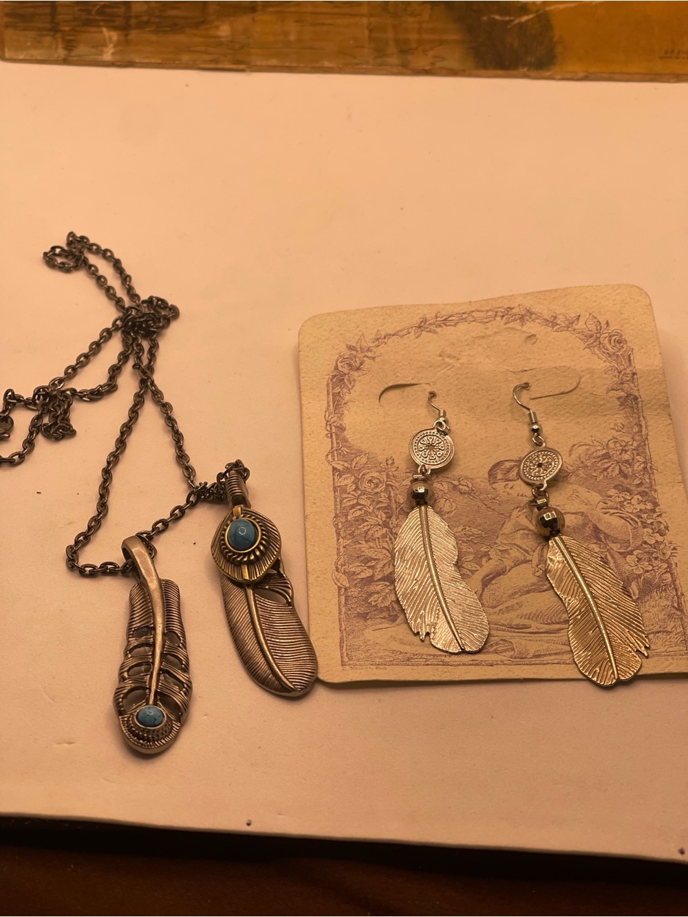 Boho Feather Pendant Necklace with Turquoise Accent - Silver  Tone